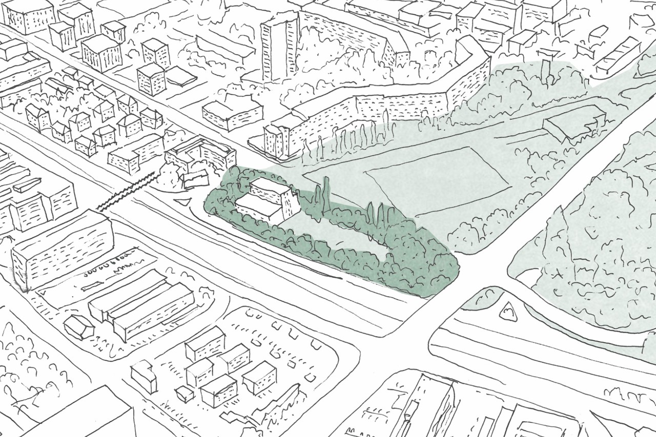 Visualisierung Schulanlage Tüffenwies Siegerprojekt TODOS JUNTOS ‒ Ein Baumring dient als grüner Filter zum angrenzenden Strassenraum (Visualisierung: Karl Naraghi, Zürich)